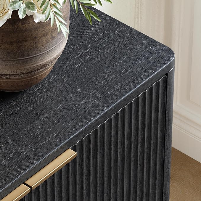 Evermagin 94.5" Fluted Black Buffet Cabinet with Storage | Mid-century modern wood sideboard, large credenza with 6 doors for kitchen or living room, 94.5"W x 31.5"H x 15.7"D
