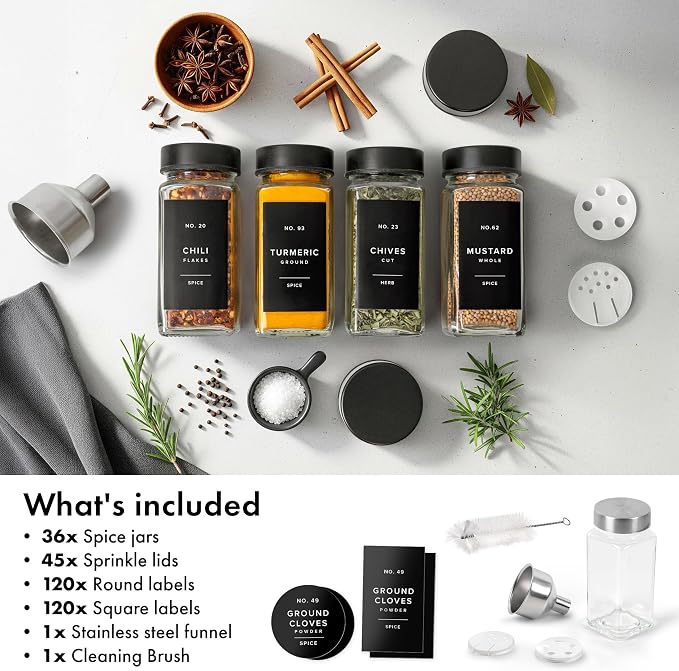 EDELHAUS Glass Spice Jars with Label, Seasoning Set, 36x Black Steel Lids | Airtight Lids keep spices fresh, Kitchen Spice Drawer Organizer, 4oz Seasoning Containers incl. Funnel, Brush & 240 Labels