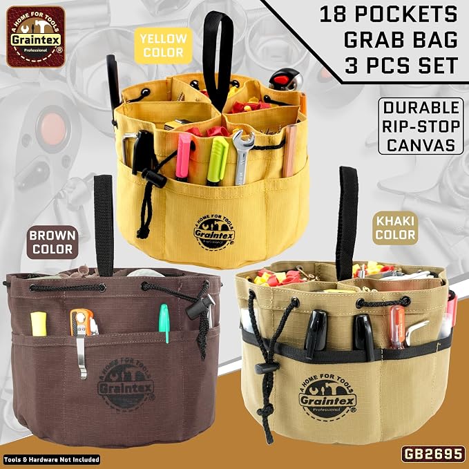 Graintex 18 Pocket Grab Bags Set of 3 Pcs Rip-Stop Canvas, Drawstring Closure, Small Parts Organizer Bag, Small Tools, Screws, Parts, Parachute Tool Bag, Parachute Tool Organizer for Essential Items