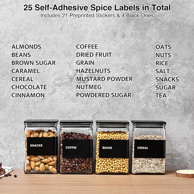 Glass Storage Jars with Bamboo Lids, 27oz Square Spice Jars for Kitchen Pantry Organization, Glass Seasoning Bottles Spice Containers with Labels for Cereal Flour Beans Tea