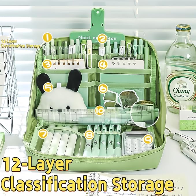 Kawaii Cute Aesthetic Pencil Case - Large Capacity Canvas Pen Pouch Bag (Beige)
