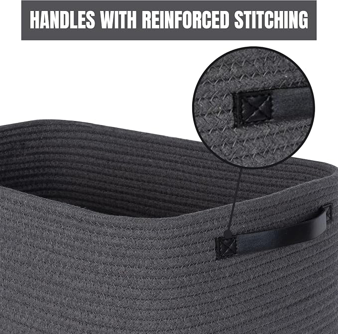MINTWOOD Design 3-Pack Decorative Woven Storage Baskets for Shelves, Cube Bin Box for Organizing Books, Shoes, Dog Toys, Pantry Closet and Living Room Organizer, Charcoal / Black