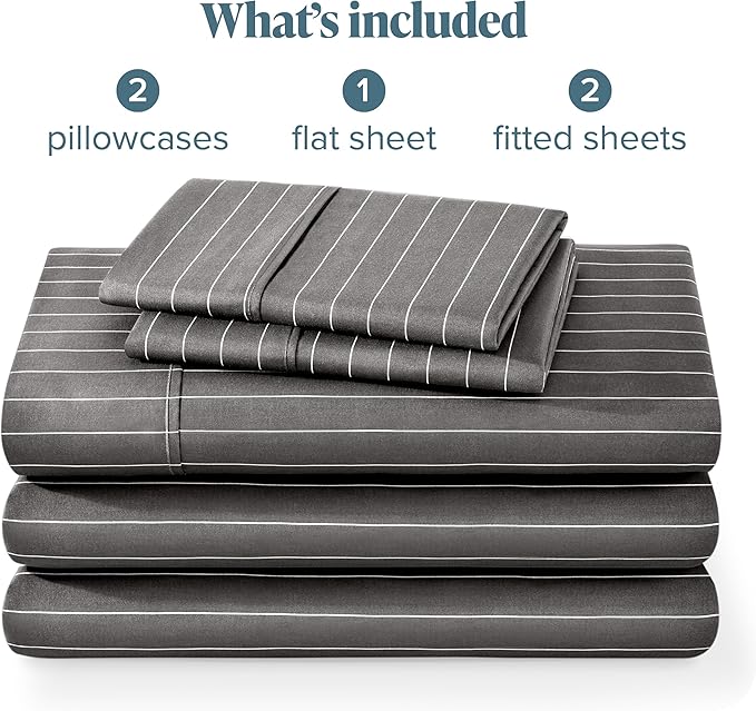 Bare Home Split King Sheet Set - 1800 Ultra-Soft Microfiber Bed Sheets - Double Brushed - Deep Pockets - Easy Fit - 5 Piece Set - Bed Sheets (Split King, Pinstripe - Grey/White)