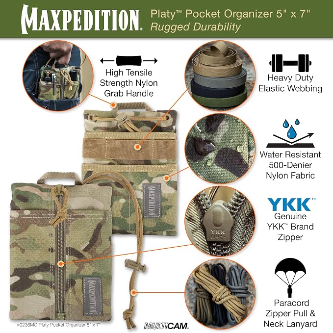 MAXPEDITION Platy Pocket Organizer, Durable EDC Tool Pouch for Men, Neck Wallet with Paracord Lanyard, Holds Flashlight, Multitool, Pen, Notebook