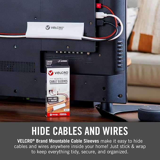 VELCRO Brand Cable Sleeves. Organize Messy Wires on Desk, Behind TV or Game Console. 16-Inch (2x8in) White. Removable Adhesive Mounts to Smooth Surfaces