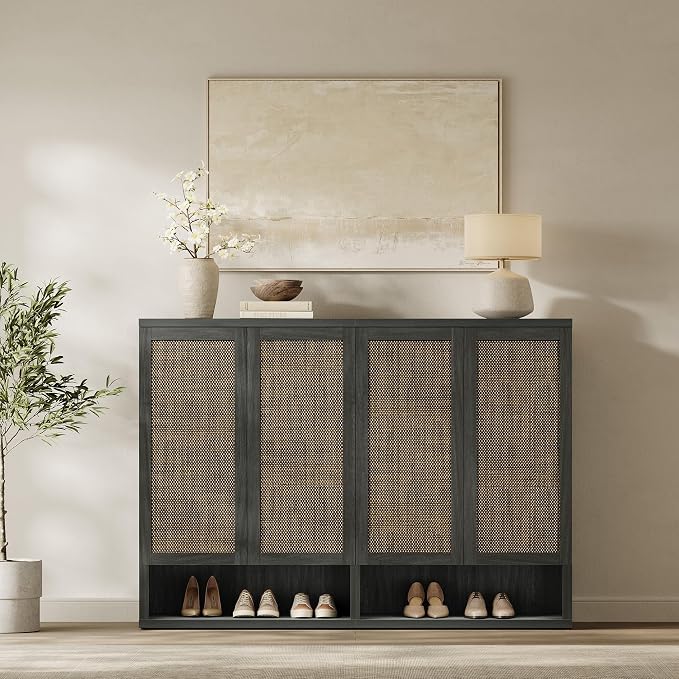 SICOTAS 31.2" Wide Rattan Shoe Storage Cabinet for Entryway with 2 Doors | Rattan Shoe Cabinets with Doors, Tall Shoe Storage Organizer and Display Cabinet for Entryways, Hallways, and Living Rooms