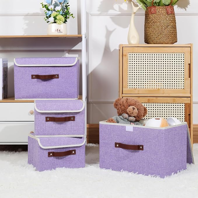 ANMINY 2PCS Storage Bin with Lid Storage Boxes with PU Leather Handles PP Plastic Board Decorative Foldable Lidded Cotton Linen Fabric Home Cubes Baskets Closet Organizer Container - Purple, Medium