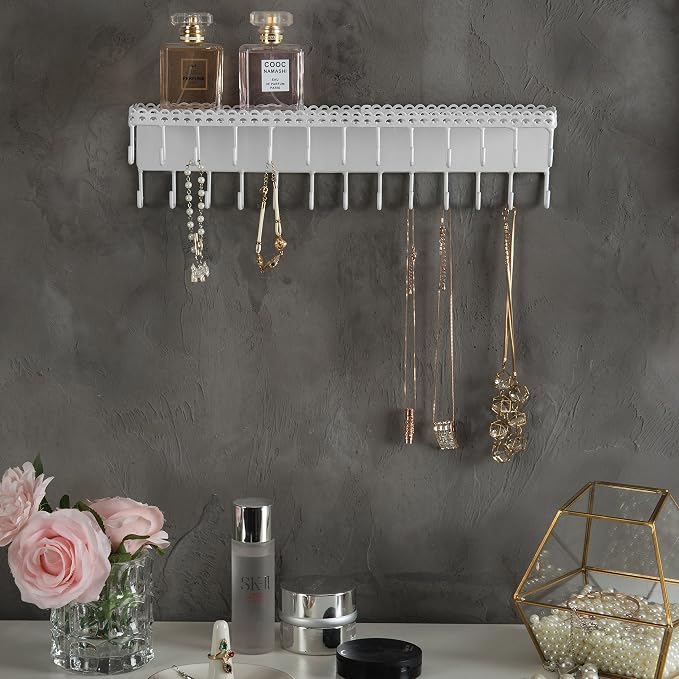 MyGift White Metal Wall-Mounted Jewelry Hanging Shelf with 26 Necklace Hooks, Set of 2