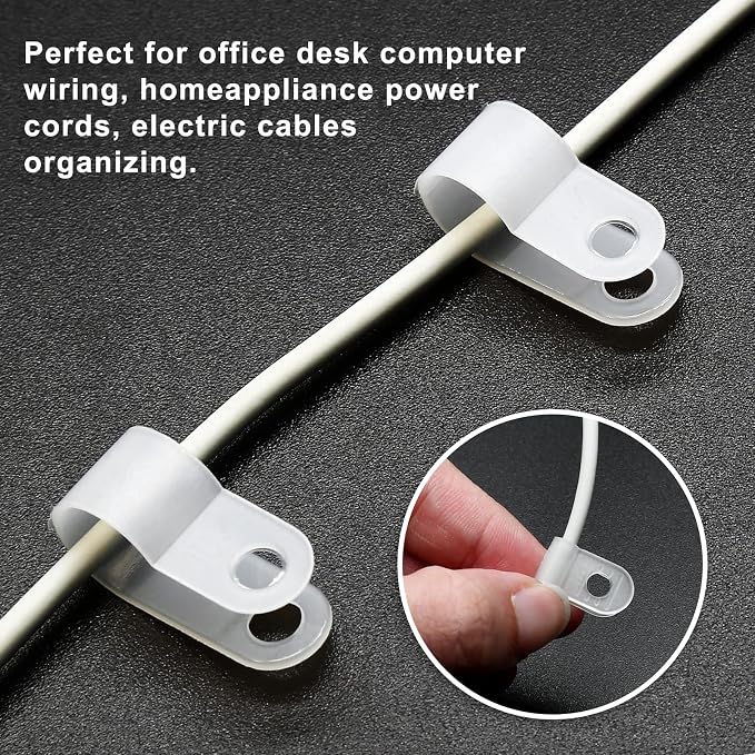 60pcs 3/8 Inch Nylon Cable Clamps, White R-Type Wire Cable Clips | M4 Screws, Screw Mounting Cord Fastener, Wire Conduit Clamp, Wire Management