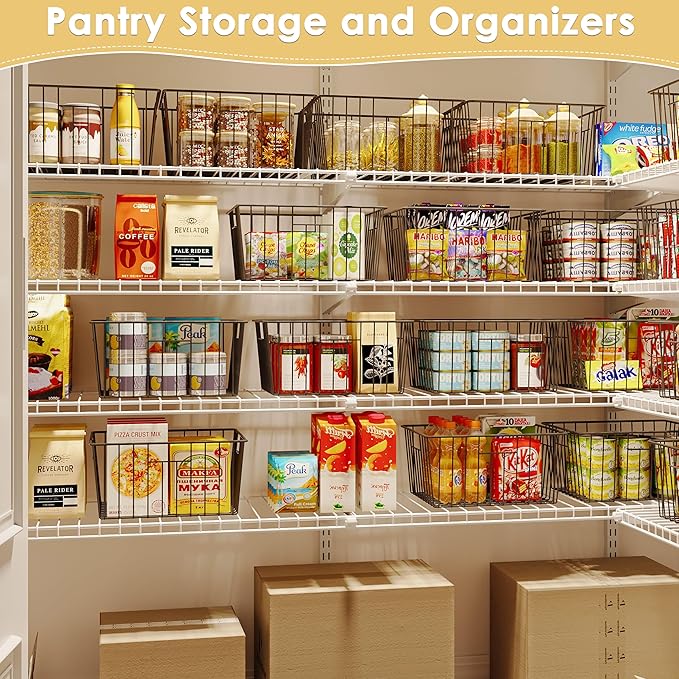 X-cosrack Metal Wire Baskets for Pantry Organization and Storage Freezer Organizer Bins with Handles 4 Pack-12"x12"x6" Extra Large Mesh Bin for Pantry Kitchen Laundry Closet Garage Patent Design
