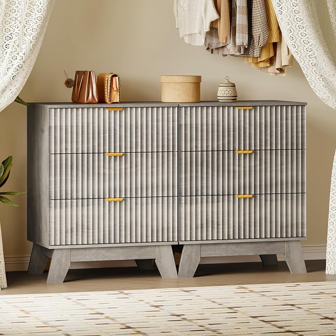 BORNOON Fluted 3 Drawer Dresser, 30.3" Tall Compact Modern Boho Chest of Drawers, Wooden Storage Cabinet for Bedroom, Living Room, Entryway, Curved Profile Design