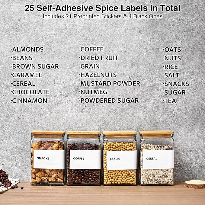 Glass Storage Jars with Bamboo Lids, 27oz Square Spice Jars for Kitchen Pantry Organization, Glass Seasoning Bottles Spice Containers with Labels for Cereal Flour Beans Tea