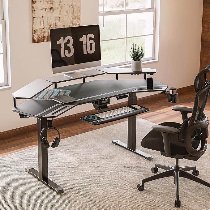 EUREKA ERGONOMIC Gaming Desk, Standing Desk w Keyboard Tray, 72" Wing Shaped Music Studio Table with LED Shelves, Gaming Recording Live Stream, Slot Design