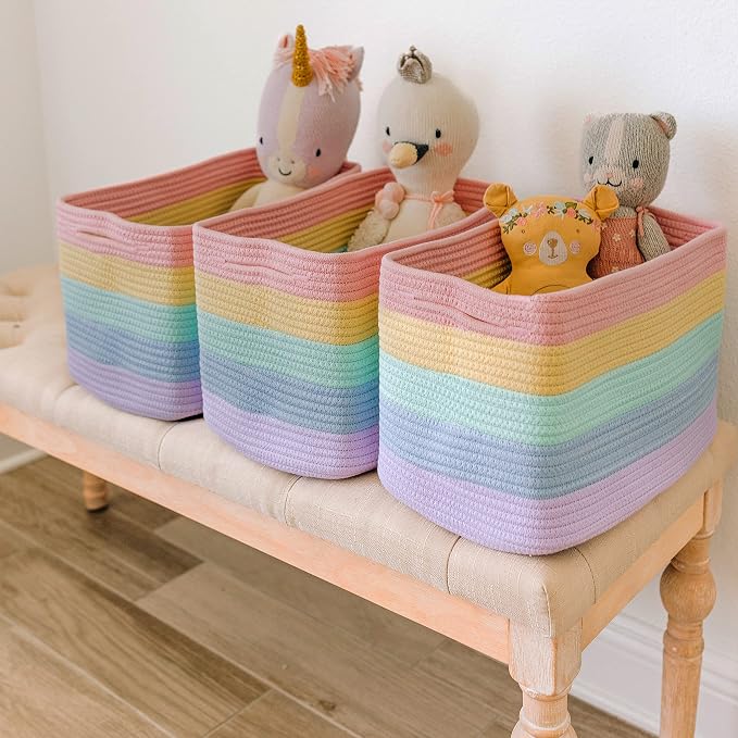 OrganiHaus Pastel Rainbow Cotton Rope Baskets for Shelves, Set of 3 - 15"×10"×9½" - Colorful Storage Baskets for Kids - Nursery, Playroom, Classroom - Toy Storage, Books, Towels
