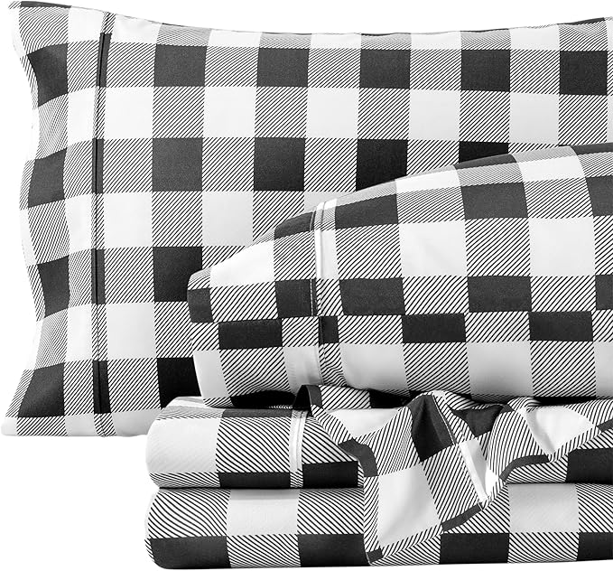 Bare Home Twin Sheet Set - 1800 Ultra-Soft Microfiber Double Brushed - Deep Pockets - Easy Fit - 3 Piece Set - Bedding Sheets & Pillowcases (Twin, Buffalo Plaid - White/Black)