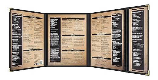 Goodsmart Restaurant Menu Covers – 25 Pack Black Quadfold 8-View, Side-Loading Menu Holders, Vinyl & Plastic Café Menu Covers, Clear Menu Sleeves, Fits 8.5" x 11" & 4.25" x 11", Gold Corners