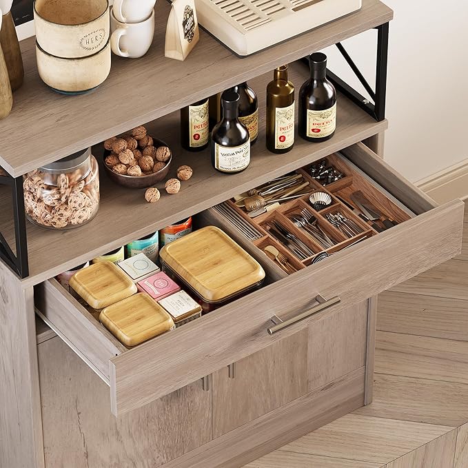 Meilocar Buffet Cabinet, Coffee Bar Cabinet, Sideboard with Storage and Drawer, Farmhouse Storage Cabinets, Wooden Kitchen Cabinets for Living Room, Hallway, Ivory