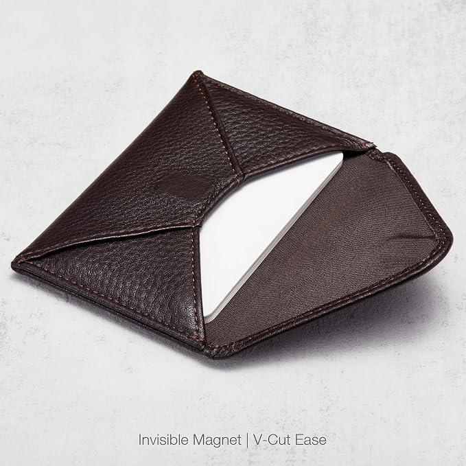 HISCOW Italian Pebbled Leather Business Card Holder, Minimalist Full Grain Envelope Card Case with Hidden Magnetic Closure, 0.19 Inch Slim Front Pocket Wallet for Men and Women, Espresso
