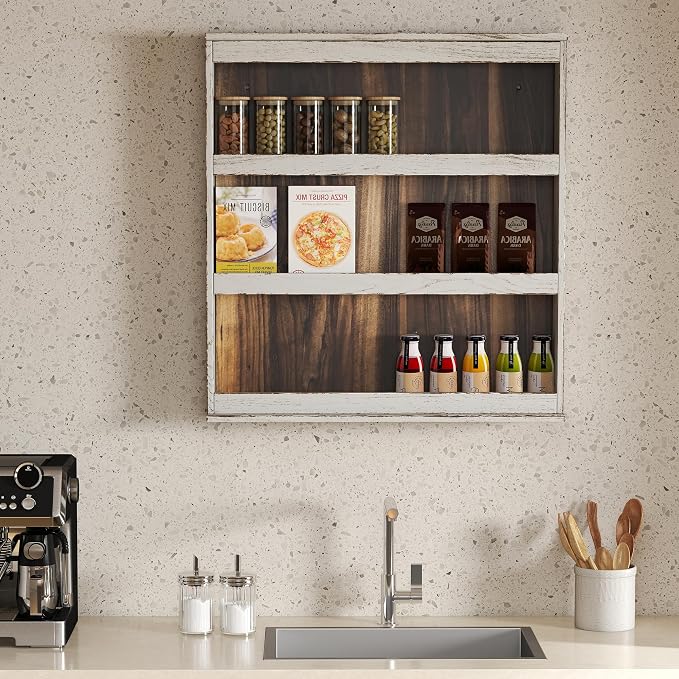 Nisorpa 3 Tier Spice Rack Wall Mount, Rustic Burnt Wood Wall Hanging Spice Rack Kitchen Spice Shelf Organizer for Seasoning Jars or Condiment Bottles, 19.68 x 3.35 x 21.25 Inches