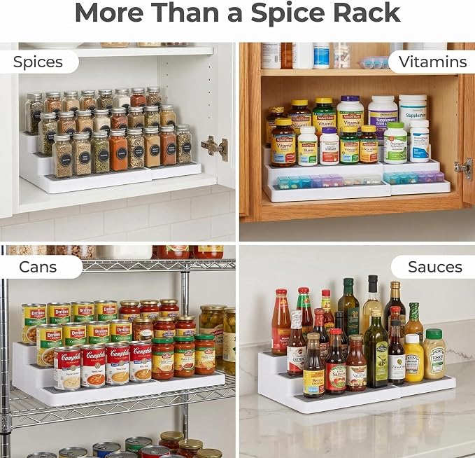 YAN & HIN Expandable Spice Rack Organizer for Cabinet, 3 Tier Adjustable Spice Organizer Shelf with Non-Skid Surface, Tiered Spice Riser for Kitchen Cabinet, Pantry, Countertop Storage, 2 Pack