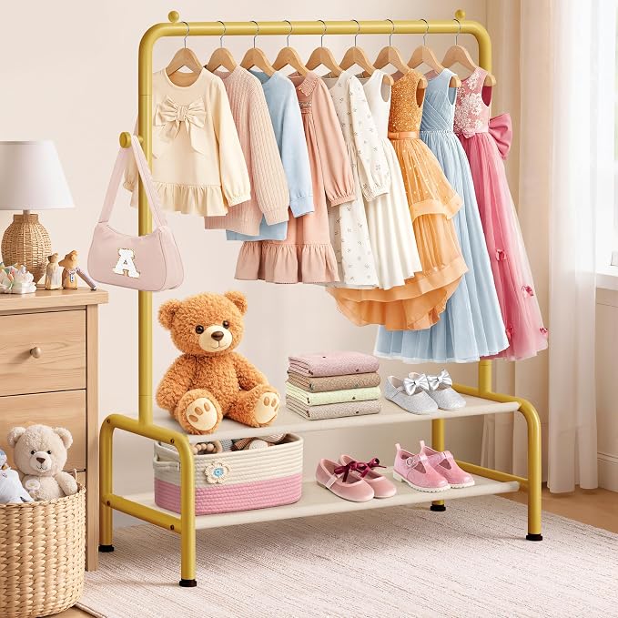 Kids Gold Clothing Rack - Dress Up Clothes Rack - Baby Toddler Closet - Freestanding Coat Racks with 2 Fabric Shelves - Small Kids Costume Wardrobe - Garment Rack for Hanging Clothes Organizer