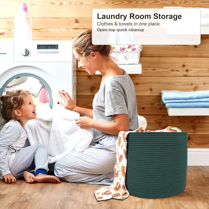 XUANGUO Cotton Rope Woven Basket, 16x14 in Kids Laundry Basket, dark green | Round blanket basket and small laundry basket; baby hamper or nursery storage bin for girls, boys, toys, clothes and shoes