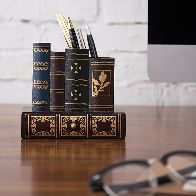 MyGift Decorative Desk Organizer Pen and Pencil Holder with Storage Drawer | Antique Library Book Design stationery storage writing tools caddy drawer compartment classroom workspace accessory supplies