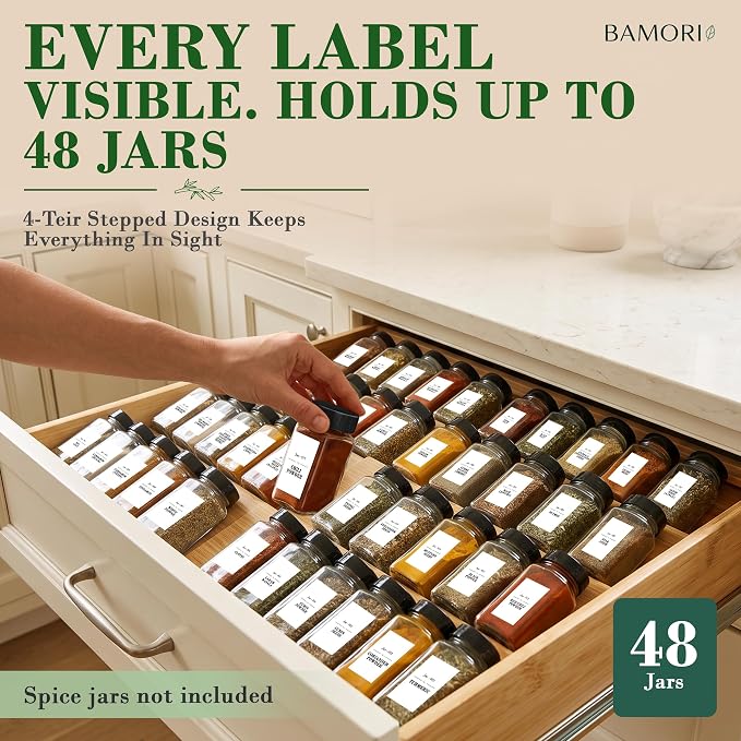 Bamboo Spice Drawer Organizer – Expandable Spice Rack for Drawer – 4 Tiered Premium Bamboo Kitchen Seasoning Organizer for Drawer Spice Organizer, Seasoning rack insert for Cabinet