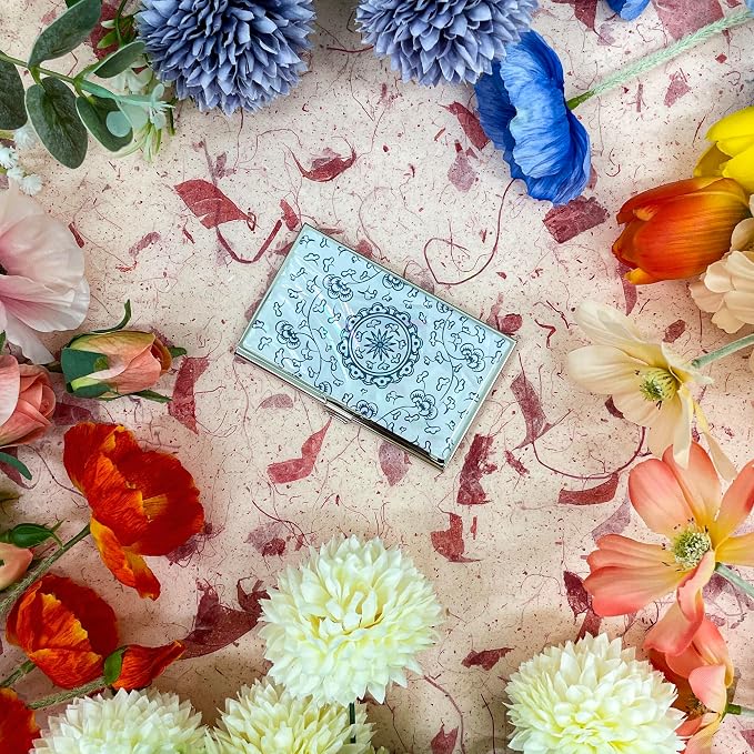 Mother of Pearl Business Card Case Credit Id Name Holder Travel Wallet Art Painting Design Metal Stainless Steel Engraved Slim Purse Pocket Cash Money Wallet (Blue Arabesque)