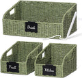 Pantry Organizers, Handwoven Large Wicker Baskets for Shelves, Labeled Storage Baskets for Organizing with Handles - Paper Storage Bins for Shelves, 3 Pack, Green