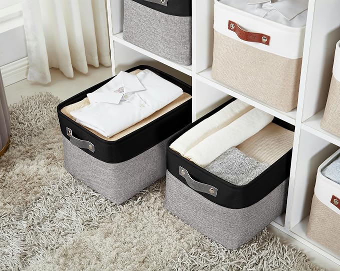 DECOMOMO Storage Bins, Extra Large Fabric Storage Baskets for Shelves, Decorative Linen Closet Organizer, 15.8 x 12.5 x 10 inches (Grey & Black, 3 Pack)