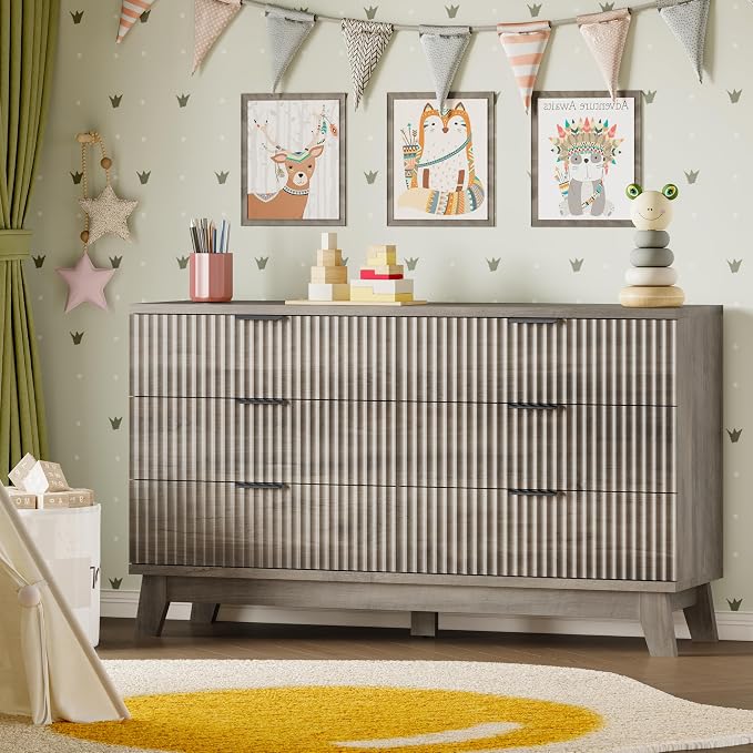 BORNOON 53" Long Dresser for Bedroom, 6-Drawer Dresser with Fluted Fronts, Wide Wood Chest of Drawers, Smooth Metal Slides, Stable Base, Modern Clothes Storage Cabinet for Living Room, Hallway
