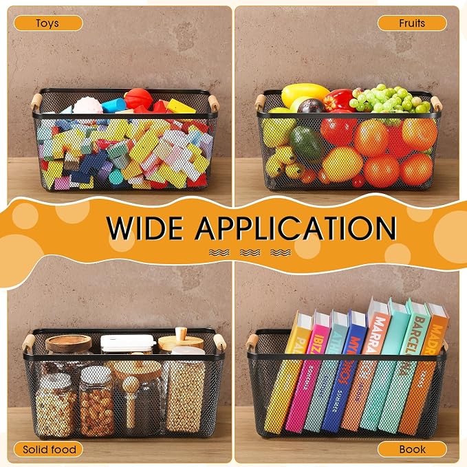 Ziliny 4 Pcs Metal Mesh Wire Baskets with Wooden Handles for Organizing, Pantry Organizers and Storage Steel Bin Kitchen Baskets for Fruit Potato Onion Snacks Bathroom Cabinet(Extra Large,Black)