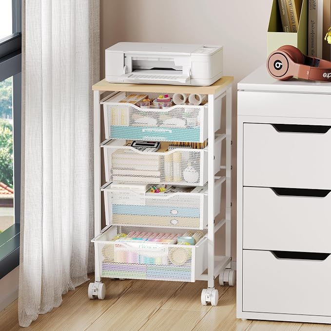 Hongtamoya Rolling Cart with Drawers, Storage Cart with Wheels Metal Rolling Drawer Cart with Lockable Wheels and Wood Tabletop Craft Storage Art Cart for Living Room Bedroom Classroom Office White