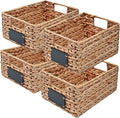happimess Lane Hyacinth Wicker Pantry Baskets 9"x12"x5", Natural, Set of 4 | Handwoven Decorative Seagrass Containers, Chalkboard Labels, Built-In Handles, Classic Farmhouse Style, Iron Metal Frame