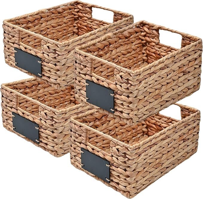 happimess Lane Hyacinth Wicker Pantry Baskets 9"x12"x5", Natural, Set of 4 | Handwoven Decorative Seagrass Containers, Chalkboard Labels, Built-In Handles, Classic Farmhouse Style, Iron Metal Frame