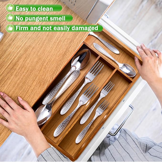Greenual Acacia Wood Silverware Organizer 10 In Utensil Organizer Silverware Tray for Drawer Cutlery Flatware Organizer for Kitchen 2 Pack