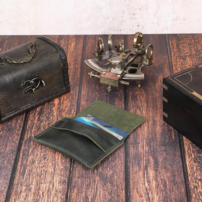 Distressed Leather Business Card Holder Slim Credit Card Wallet for Men and Women Vintage Brown Leather Compact Minimalist Card Organizer for Pocket or Purse Durable Card Case (Green)