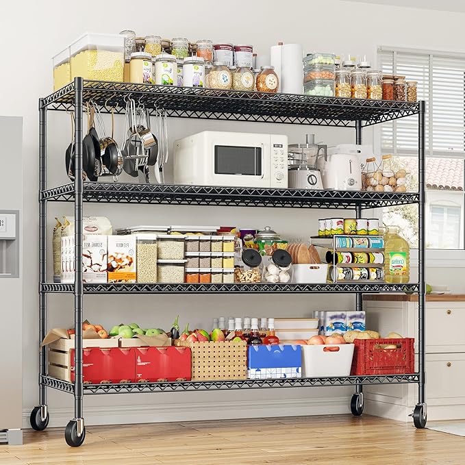 REIBII 75.62" H Storage Shelves 2480LBS Garage Shelving with Wheels Heavy Duty Metal Shelving for Storage Adjustable Pantry Shelf for Kitchen Garage Commercial, 75.62" H X 24.02" D X 55.52" W, 2PCS