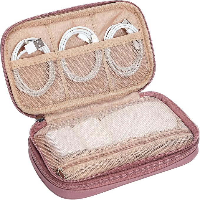 NISHEL Electronics Travel Organizer Cord Case, Charger Cable Tech Bag | Double-layer bag keeps chargers, cables, flash drive, and small tech essentials organized for trip, Medium, Rose-wood Pink