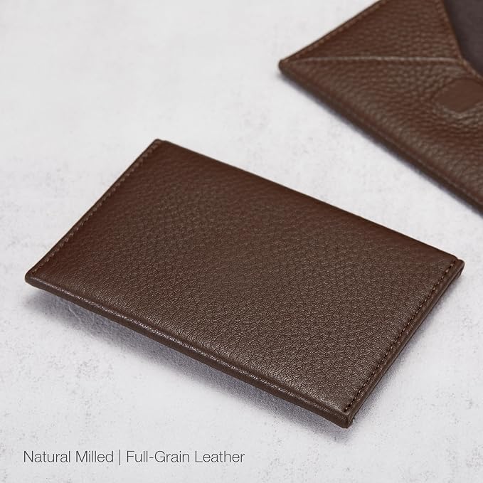 HISCOW Italian Pebbled Leather Business Card Holder, Minimalist Full Grain Envelope Card Case with Hidden Magnetic Closure, 0.19 Inch Slim Front Pocket Wallet for Men and Women, Chocolate