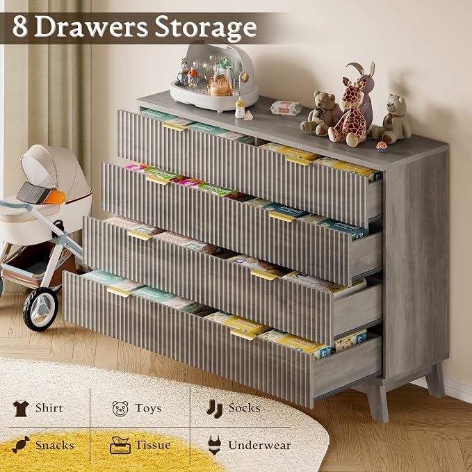 BORNOON Fluted 8 Drawer Tall Dresser, 47.2" Wide Modern Boho Chest of Drawers, Wooden Storage Dresser TV Stand for Bedroom, Living Room, Closet, Hallway, Curved Profile Design