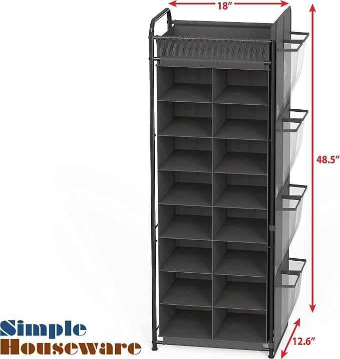 Simple Houseware 16 Cube Shoe Stand Tower Rack 8 Tier, Dark Gray | Top Shelf and Side Hanging Pockets