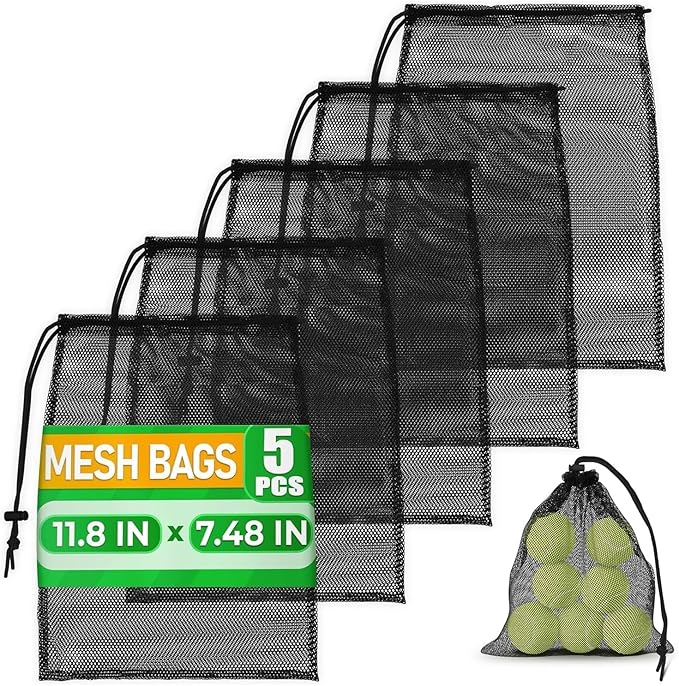 5 Pcs Small Mesh Bag Bulk, 11.8" x 7.48", Breathable Nylon (Black) | Reusable Small Mesh Bags Drawstring for Tennis, Golf, Travel, Beach, Sports Equipment, and Outdoor Activities; Tear-Resistant