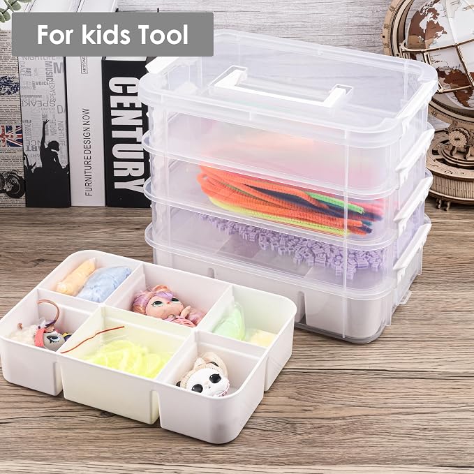 CraftGenes Sewing Storage Organizer, 4-Tier 10 Qt Box with 2 Trays, White | Clear Compartments; Dual Removable Inserts; Carry Handle; Side Latches; Thread, Bobbins, Needles, Beads, Notions