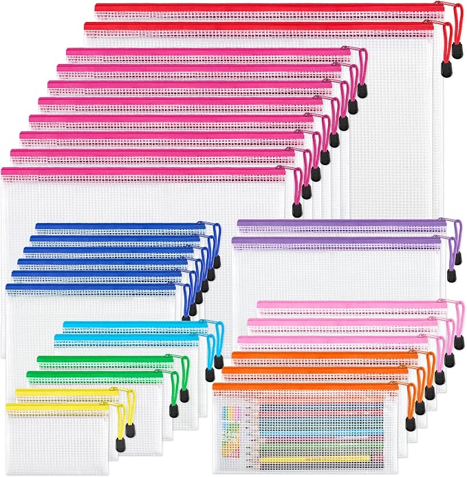 JARLINK 30 Pcs Mesh Zipper Pouch Bags, 8 Sizes Waterproof Zipper Bags | Multi-use Travel Bags for Office, School, Board Game, Puzzles, Cosmetics, Travel Accessories, and Home Organization, 9 colors