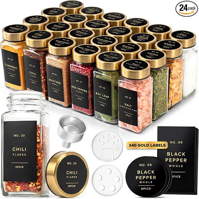 EDELHAUS Glass Spice Jars with Label, 24x Gold Stainless Steel Lids | Airtight Lids keep spices fresh, Kitchen Spice Drawer Organizer, 4oz Seasoning Containers incl. Funnel, Brush & 240 Labels