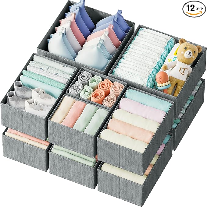 Drawer Organizer Clothes Set of 12 Grey - Dresser Organizer For Nursery, Bedroom, Closet - The Perfect Baby Clothes Organizer and Storage & General Nursery Organization or Dresser Drawer Organizers