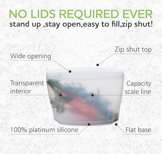 Zip Standing Reusable Silicone Food Storage Bag, Set of 6 White Stand Up Food Storage Container, Reusable Zipper seal bag, no lid required, for Food Storage& Meal Prep, Freezer Oven Dishwasher - Safe