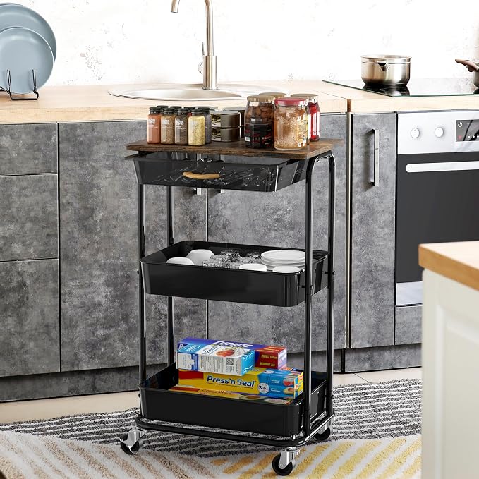 Simple Houseware 3-Tier Utility Cart with Drawer & Wood Top, Rustic Brown | Mobile Sofa Side Table, Nightstand, Slim Storage Organizer Trolley for Bedroom, Bathroom, Office & Art Supplies